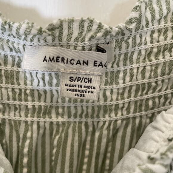 American Eagle Babydoll Striped Mini Dress Embroidered Green Puff Sleeve S - Picture 4 of 7